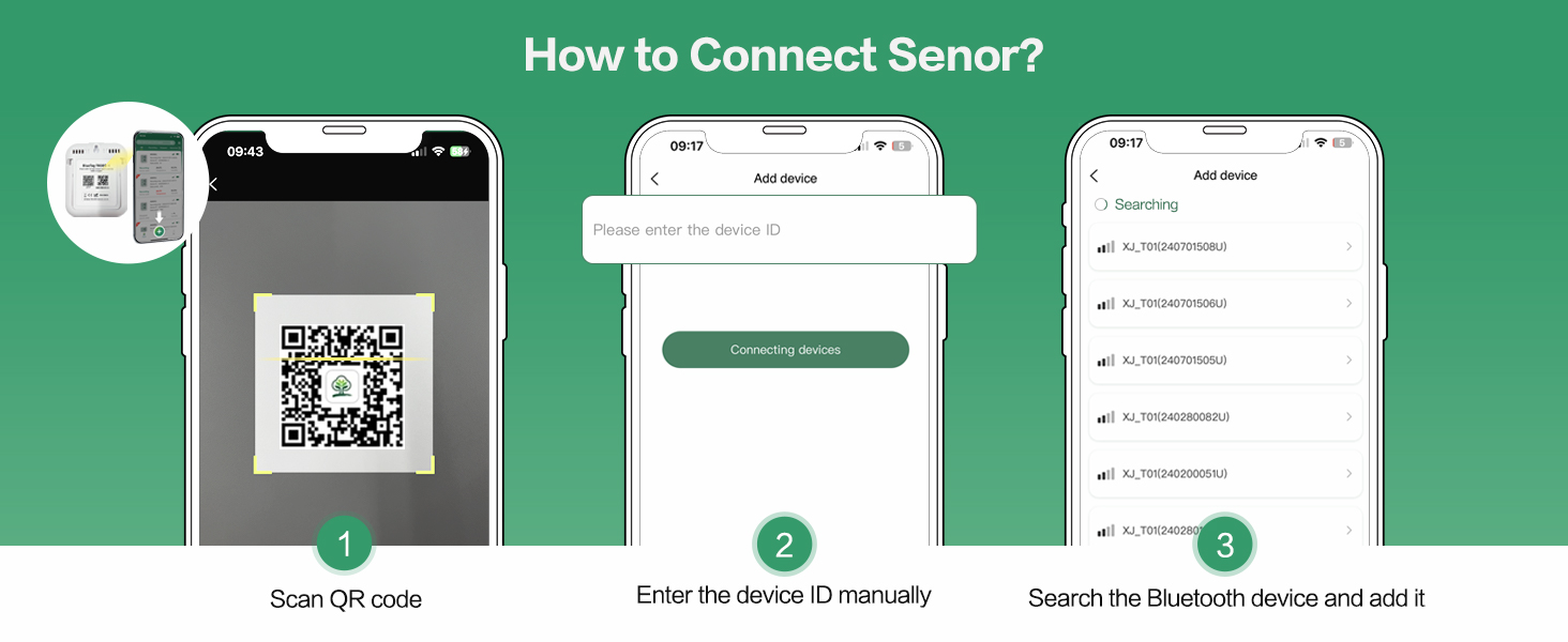 Mobile app interface showing QR code scanner for device connection. Screen displays a QR code within a white square frame on a dark background.
