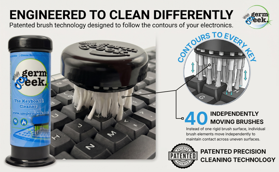 Germ Geek floating brush contours to keyboard keys for precision cleaning.