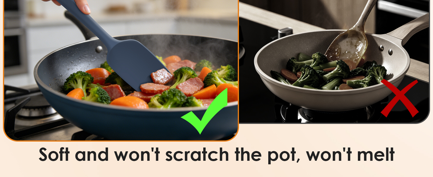 Silicone spatula stirs food without scratching non-stick pans, safe vs metal utensils