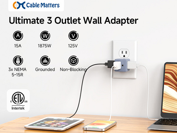 Cable Matters 3 outlet wall adapter, ideal for expanding a single grounded outlet into three
