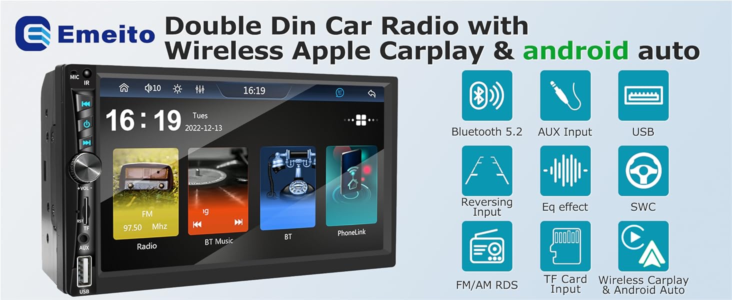 Double din car radio with wireless apple carlay &amp;amp; android auto