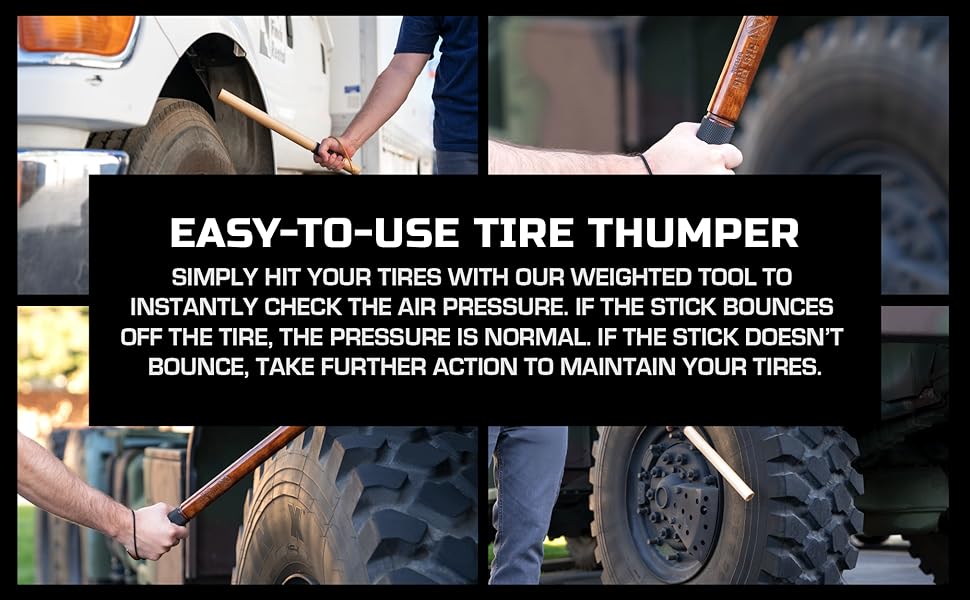 People using a monitoring tire-pressure stick to check their tires. Text reads: "Tire thumper."