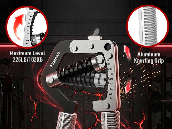 Text reads 'Maximum Level Working Grip' and '225LB/102KG'. Close-up product shots of a mechanical grip or clamp device with red accents against dark background.