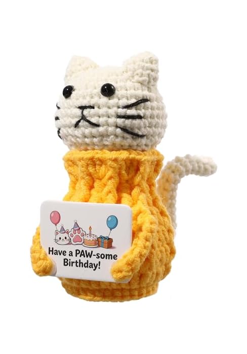 YOOJEE Cute Crochet Cat Birthday Gifts for Teen Girls | Handmade Yellow Cat with Birthday Card, A...