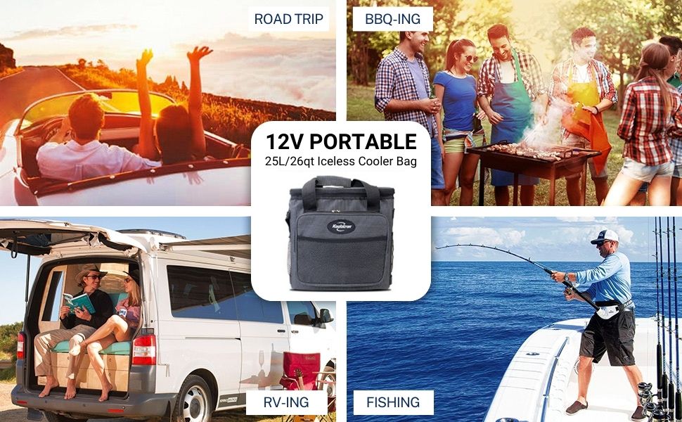 Four pictures of settings where you could use the 12V cooler - Road trip, BBQing, RVing, Fishing