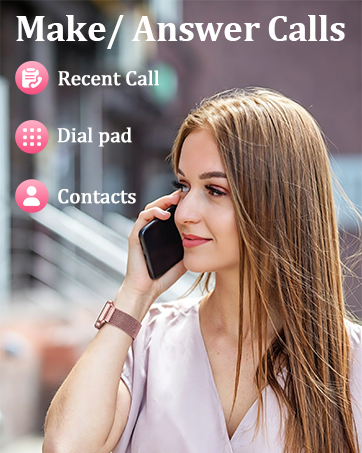 Text reads 'Make/Answer Calls' with icons for 'Recent Call,' 'Dial pad,' and 'Contacts.' Woman on phone call shown in profile. Interface demonstration for calling functionality features.