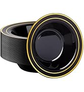 Goodluck 50 Pack Black Plastic Bowls with Gold Rim, 12oz Disposable Soup Bowls, Heavy Duty Desser...