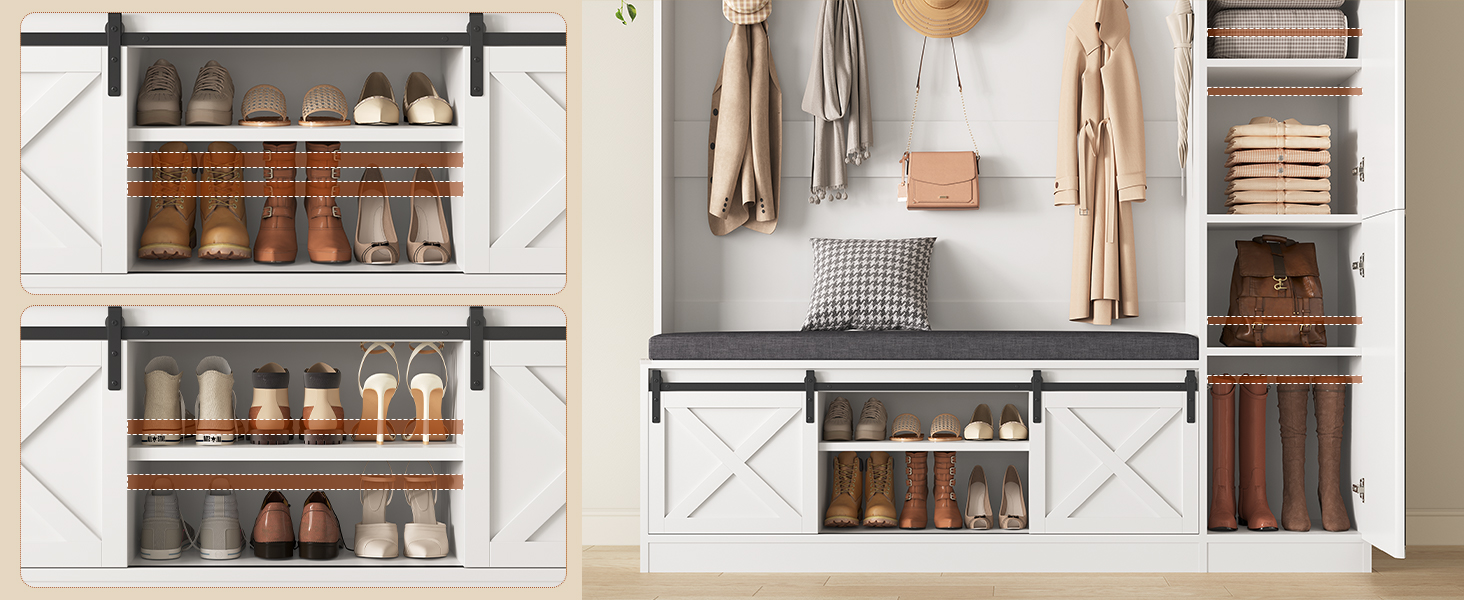 Hall Tree with Bench and Shoe Storage Entryway with Tall Mirror Farm House Barn Door