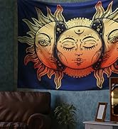 Sun and Moon Tapestry, Burning Sun with Stars Psychedelic Popular Mystic Wall Hanging Tapestry Fo...