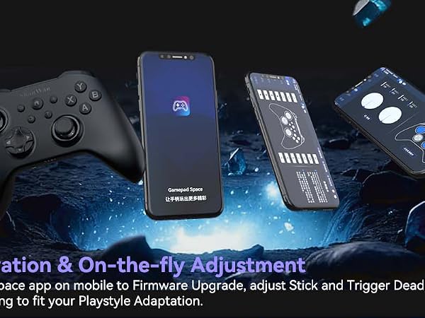 Text reads 'Gamepad Calibration &amp; On-the-fly Adjustment'. Gaming accessories including controller and devices floating against dark background with blue lighting effects.