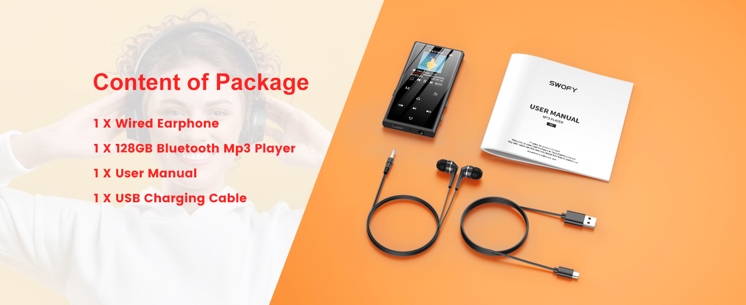 Package contents for Bluetooth MP3 player: device with touchscreen, wired earphones, USB charging cable, and user manual. Player features 128GB storage capacity.