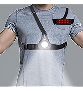 Chest-mounted safety light with adjustable straps. Features a bright white front light and red LED back light. Worn over a gray shirt, demonstrating fit and visibility.
