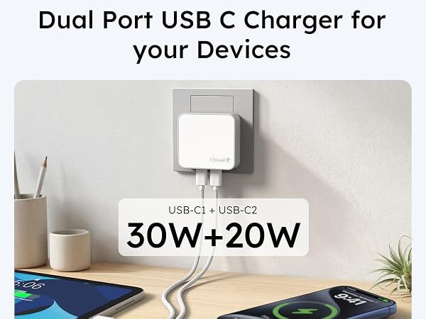 50W Dual USB C Wall Charger Block
