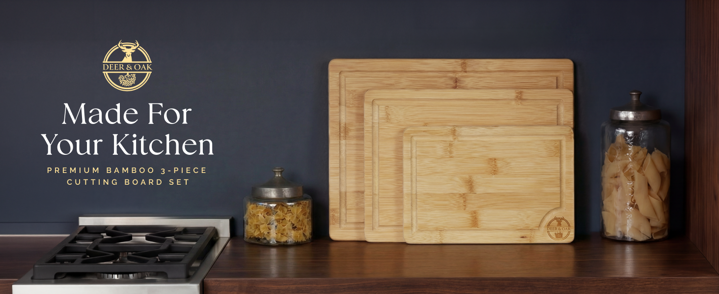 Three bamboo cutting boards for small spices and large meat slices.