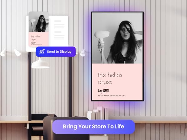 Digital signage with signage stick displaying vibrant video and animated retail ads.