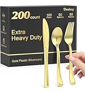 Dealusy 200 Count Heavy Duty Gold Plastic Silverware, 100 Forks, 50 Spoons, 50 Knives, BPA-Free, ...