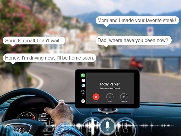 Car dashboard with digital display showing incoming call from Molly Parker. Steering wheel and speedometer visible in foreground.