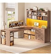 SEDETA Farmhouse L Shaped Office Desk with Drawers, 61” Computer Desk with Storage Shelves and Po...
