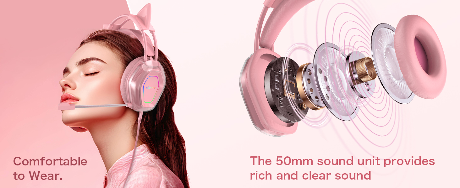 Cute Cat-Ear Gaming Headset 50mm Drivers Noise-Cancelling Mic 3.5mm Wired Stylish Lightweight Design