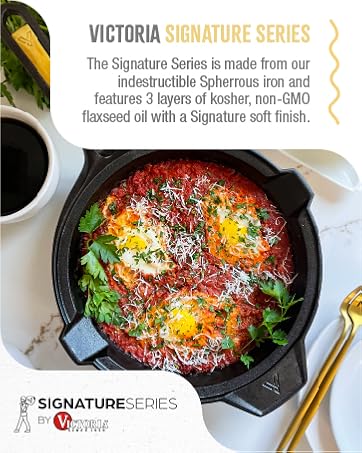 A high-quality cast-iron skillet. Text reads: Signature Series.