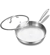 DELARLO Tri-Ply Stainless Steel 9.3 Inch Frying Pan with Lid, 18/10 Stainless Steel Skillet, Heav...