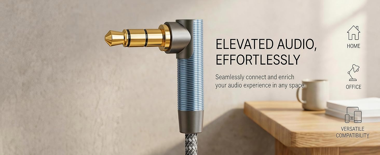 Gold plated 90 degree 3.5mm auxiliary plug, blue casing and braided cable.