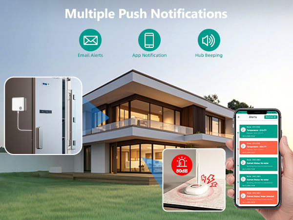 3 Optional Instant Alerts: Email, App push, and loud 80dB audible alerts from the Hub