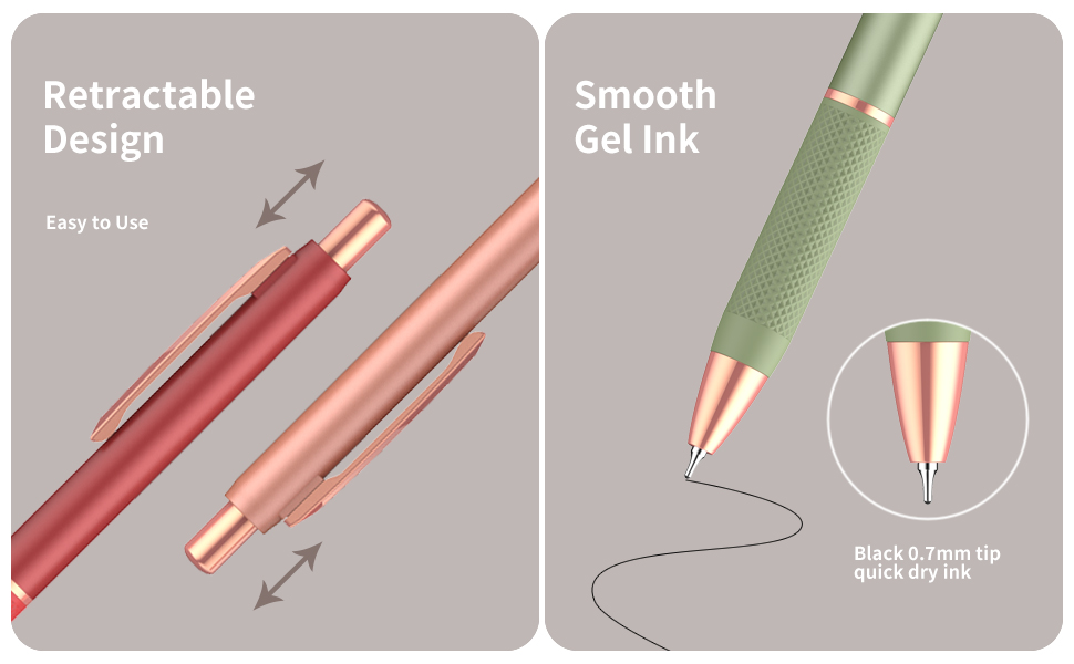 Retractable design,smooth gel ink,black 0.7mm tip quick dry ink
