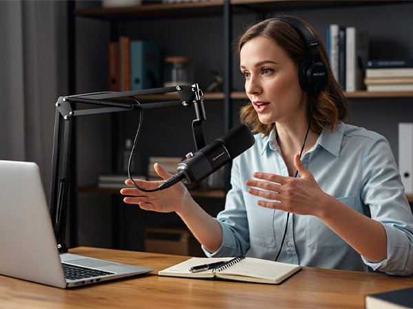 Professional microphone setup with adjustable boom arm mounted to desk, positioned near laptop for podcasting or recording.