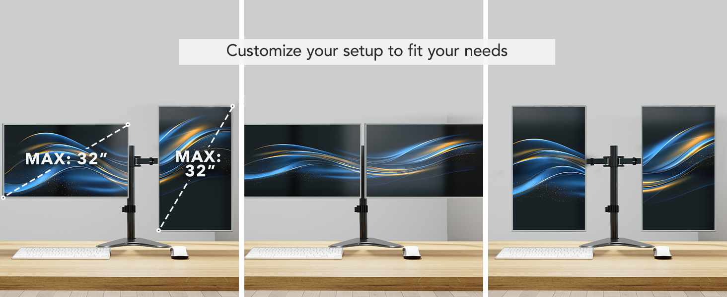 Example layouts: dual 32&amp;#34; screens in landscape or portrait on a tall pole mount.