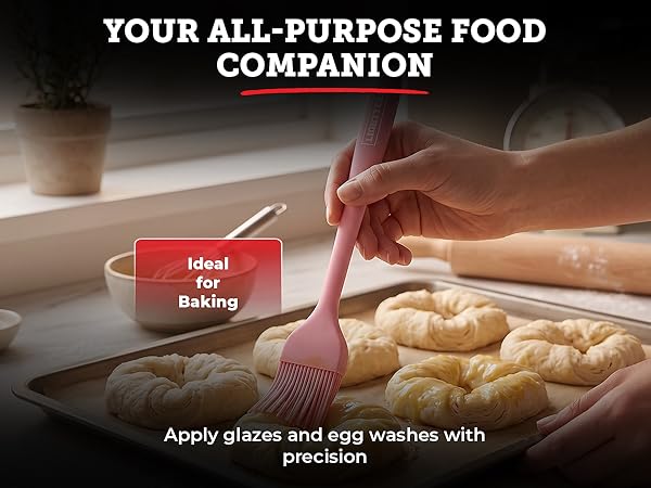 silicone brush being used for baking, BBQ glazing, and oil basting across different dishes