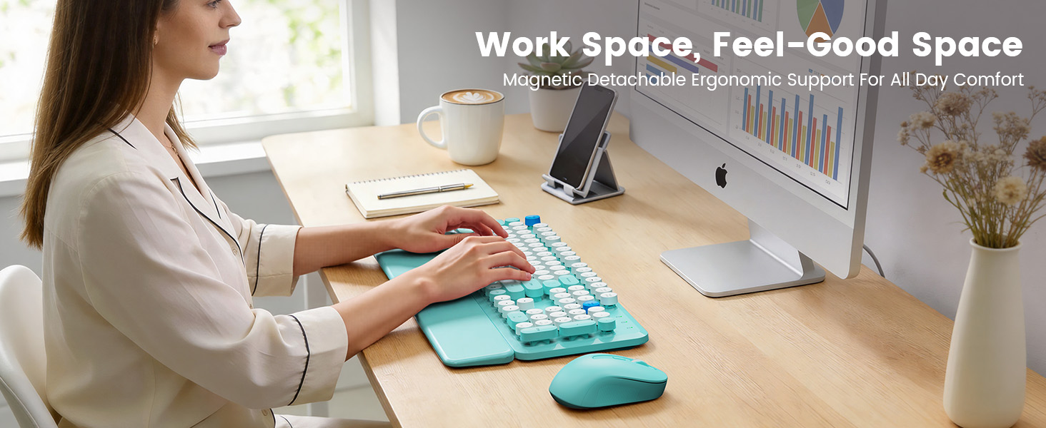 Woman typing on tiffany blue wireless keyboard mouse combo with wrist rest on tidy desk