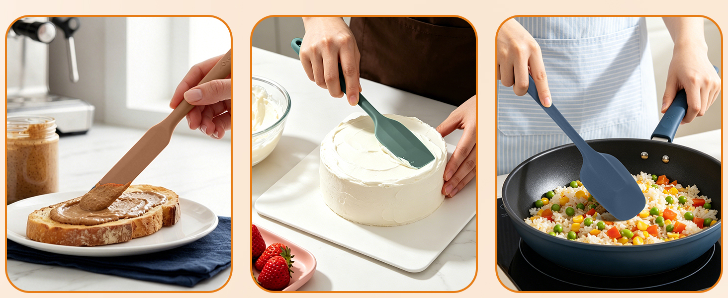 Silicone spatula spreads toast frosting, cakes, and stirs fried rice