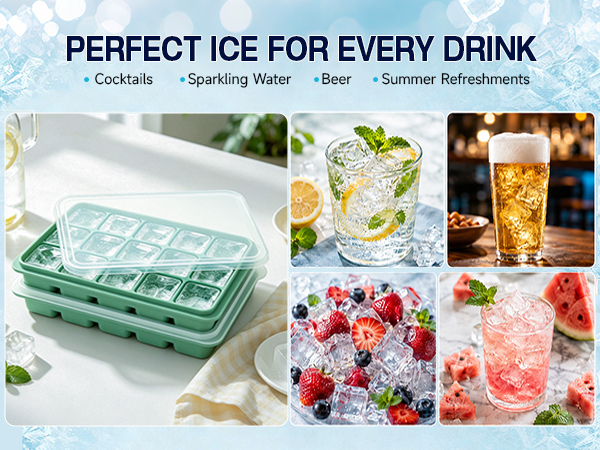 Ice Cube Trays Set of 2, 15-Cube Silicone Molds with Removable Lids