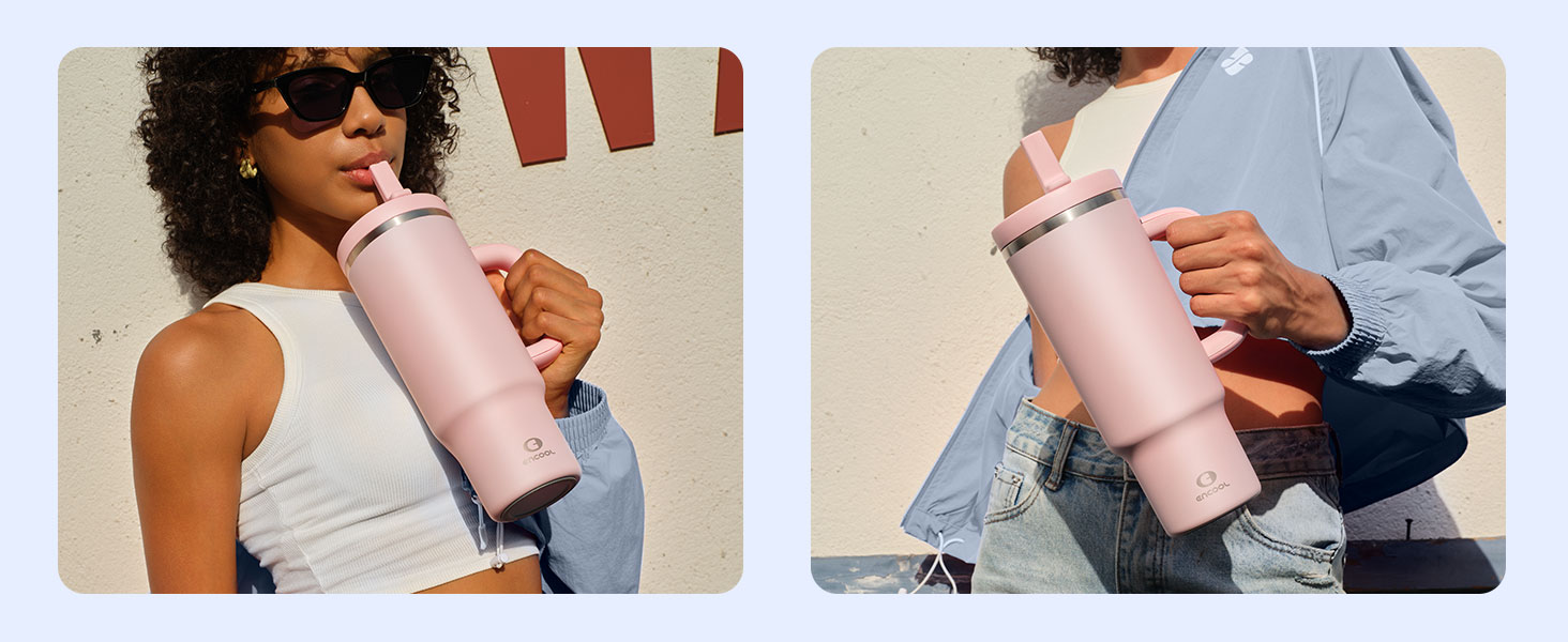 pink tumbler with handle and lip