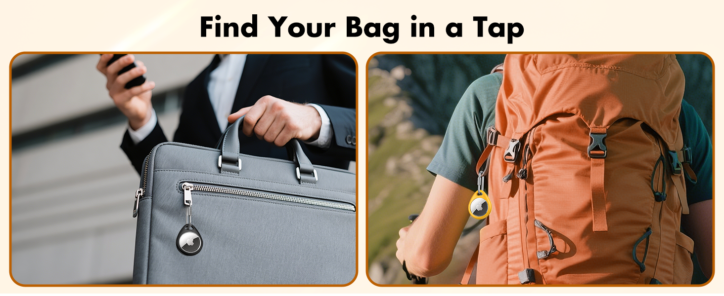 Split image: Left shows a gray business briefcase with zipper and metal charm. Right displays an orange hiking backpack with multiple straps and pockets worn by a person outdoors.