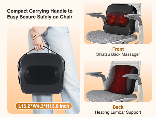 Portable massage cushion with carrying handle, showing front shiatsu massage and back heating functions. Dimensions listed as L15.2"xW4.3"xH13.8".