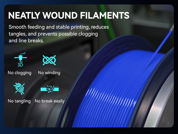 Blue 3D printer filament spool with technical specifications showing 'No plugging' and 'No winding' features for smooth printing.