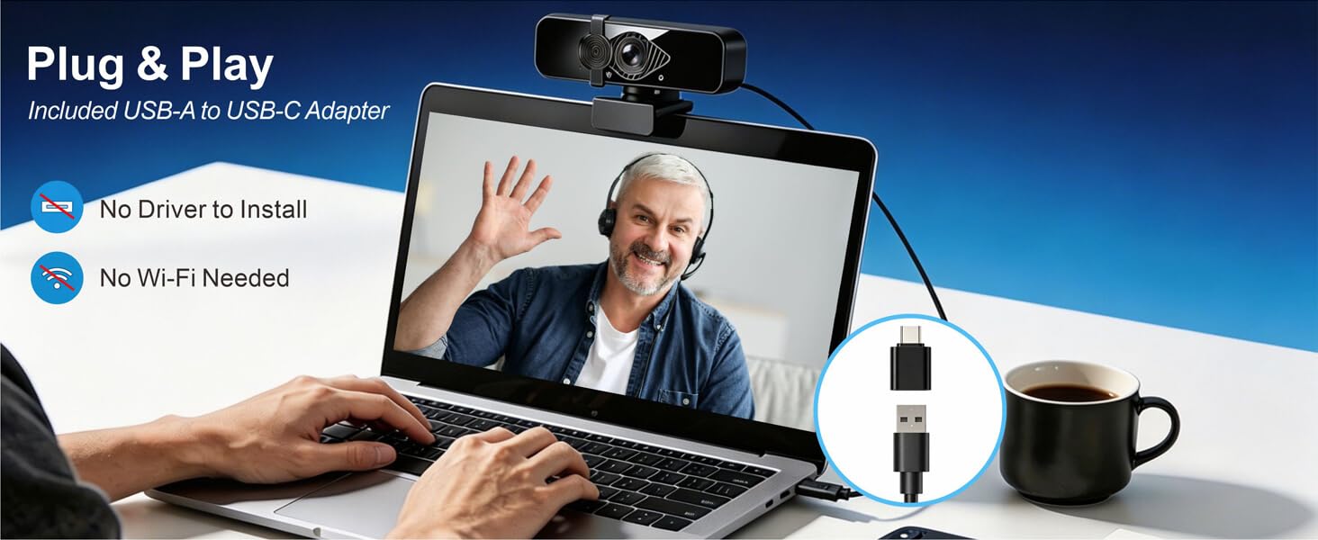 4k monitor camera includes USB-A to USB-C adapter for Mac,no driver or Wi-Fi required.