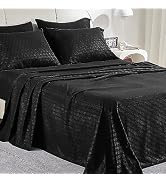 SLEEP ZONE Luxury Embossed Queen Sheets Set, Black Honeycomb Pattern Sheet &amp; Pillowcase Sets 4 Pi...