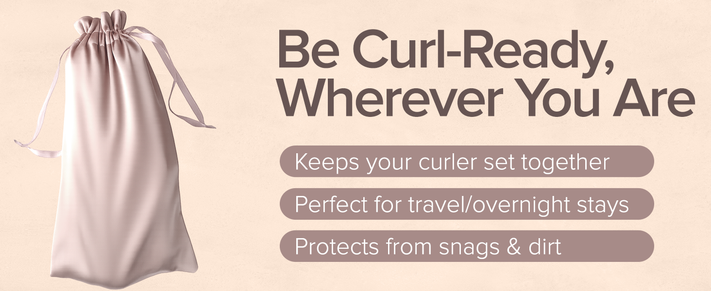 Text reads 'Be Curl-Ready, Wherever You Are' followed by 'Protects from snags &amp; dirt'. Banner-style marketing image with beige/pink color scheme.