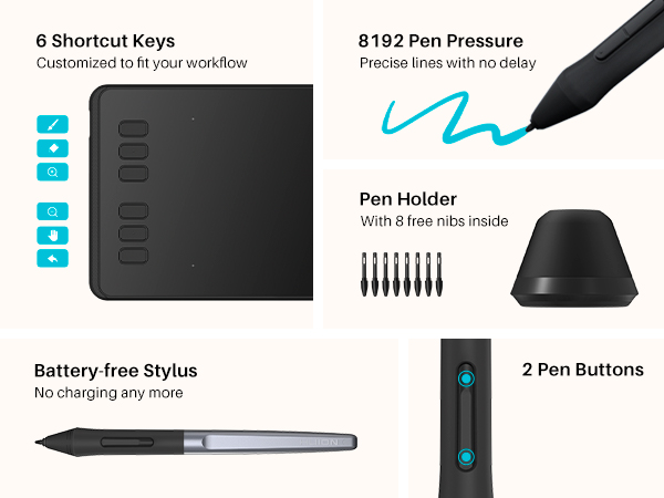 H640P digital drawing tablet with battery-free stylus 8192 pen pressure