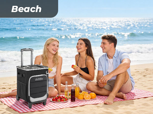 cooler with wheels, rolling cooler, wheeled cooler, beach cooler with wheels, soft cooler with wheel
