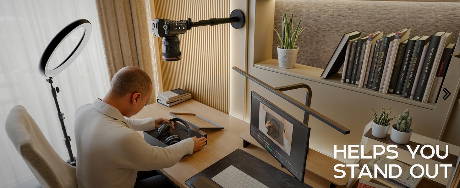 HELPS YOU STAND OUT; wall arm holds camera for overhead desk filming.