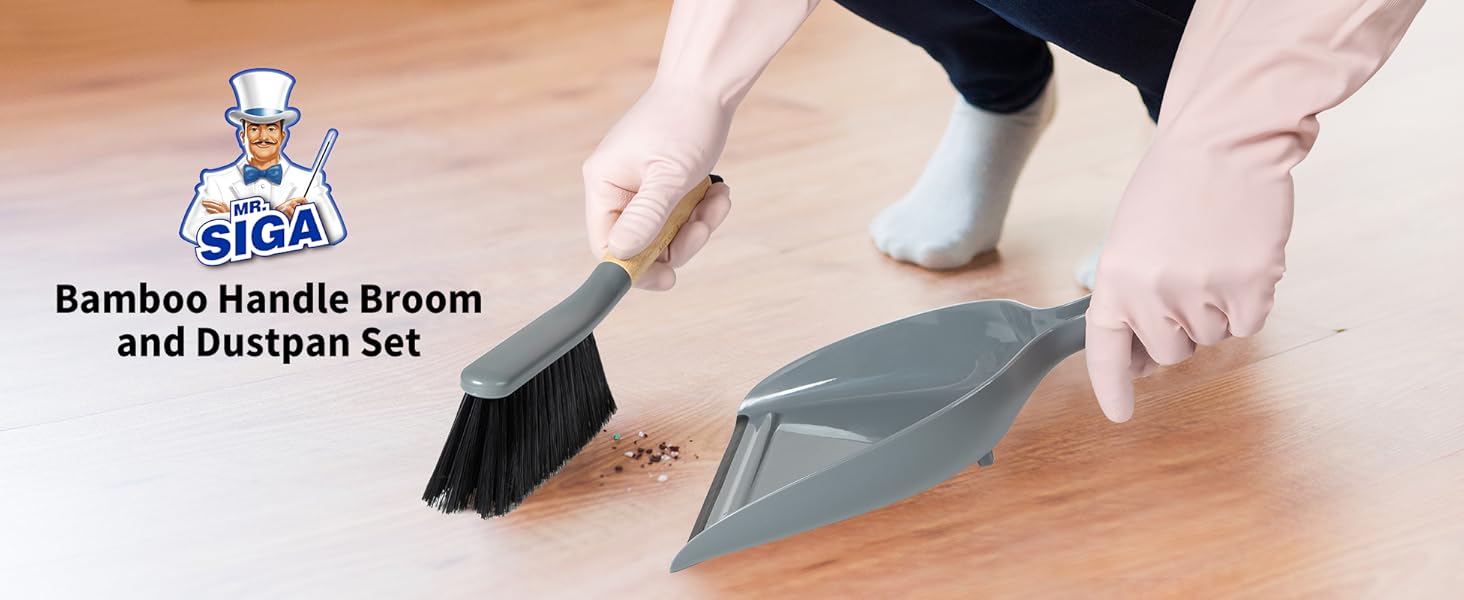 MR.SIGA Bamboo Handle Broom and Dustpan Set