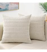 decorUhome Cream White Decorative Throw Pillow Covers 18x18 Set of 2, Soft Corduroy Striped Squar...