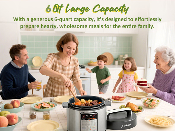 6-quart capacity cooks full family meals in one pot. Saves your time!