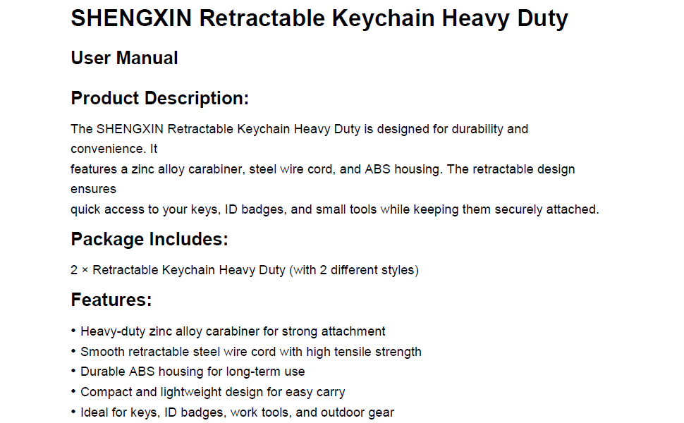SHENGXIN Retractable Keychain Heavy Duty User Manual Part 1