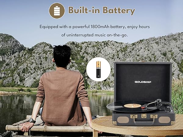 Vinyl Record Player 3-Speed Bluetooth Turntable with Rechargeable Battery