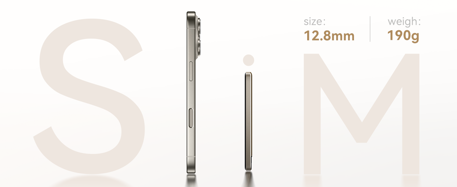 Side view of two smartphones showing thickness comparison. Left device is thicker at 12.8mm, right device is significantly thinner. Text indicates 190g weight for one device.